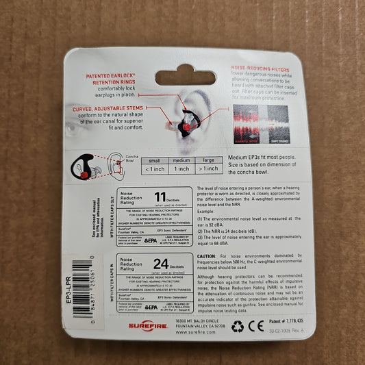 EAR PLUGS: SONIC DEFENDERS, 1 PR. W/ CASE, NRR9, LARGE EP3-LPR