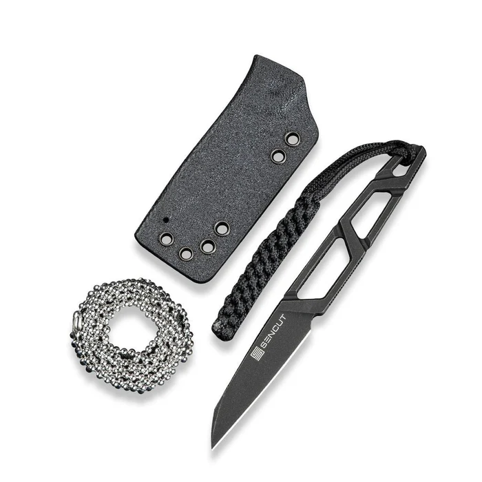 SENCUT TEXO Fixed Blade Neck Knife 1.97"" Black 9Cr18MoV Reverse Tanto Plain Edge Blade, Skeletonized Handle & Kydex Sheath