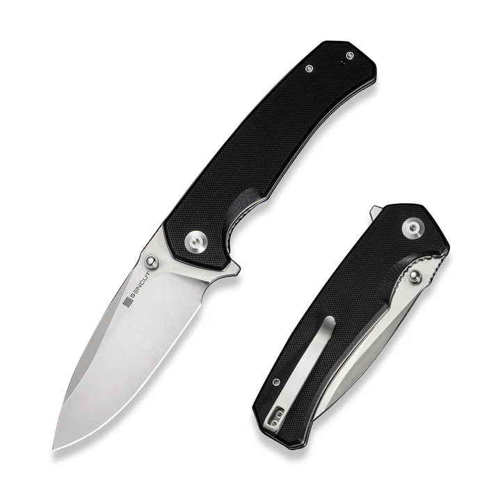 SENCUT Skarnax Flipper/Thumb Stud Folding Knife 3.79"" Satin 9Cr18MoV Drop Point Plain Edge Blade, Black G10 Handle
