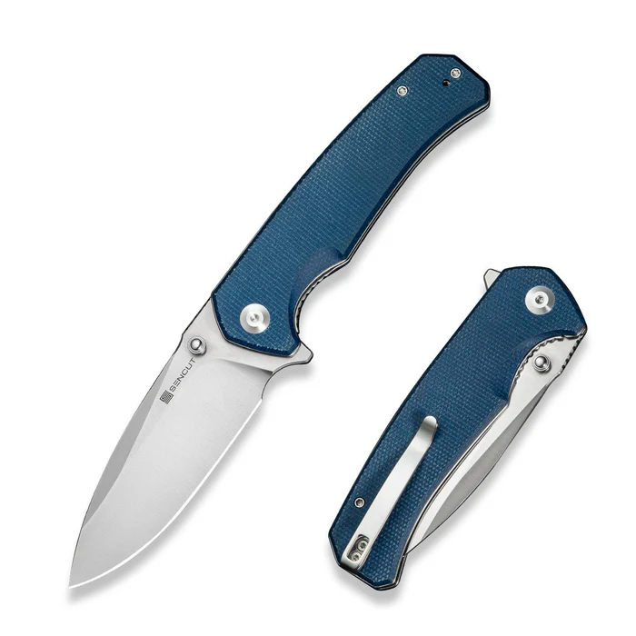 SENCUT Skarnax Flipper/Thumb Stud Folding Knife 3.79"" Satin 9Cr18MoV Drop Point Plain Edge Blade, Blue Canvas Micarta Handle
