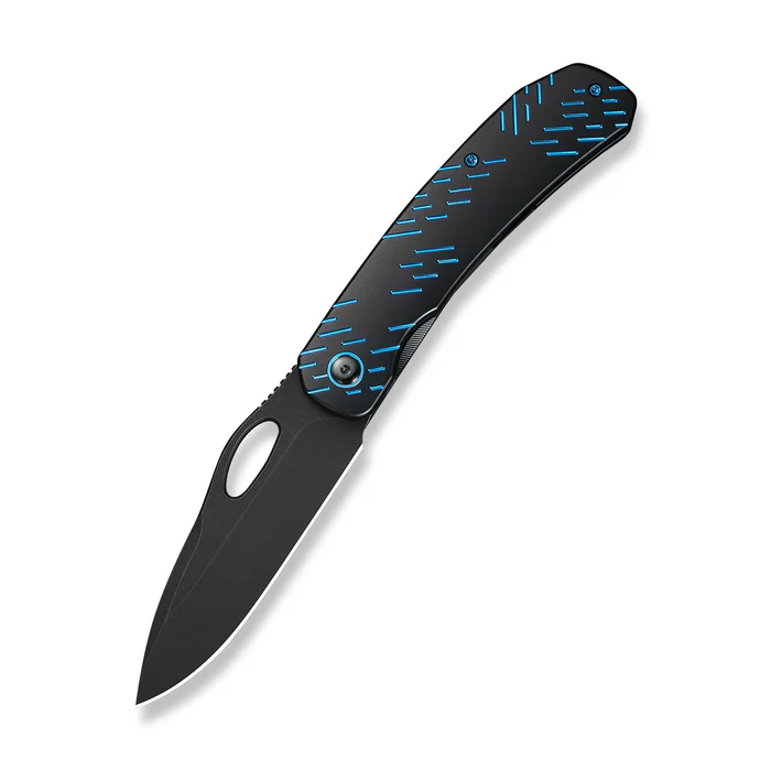 We Knife WEKNIFE Inmate Front Flipper & Thumb Hole Knife Black Titanium Handle With Blue Raindrops (3.7"" Black Stonewashed CPM 20CV Blade)