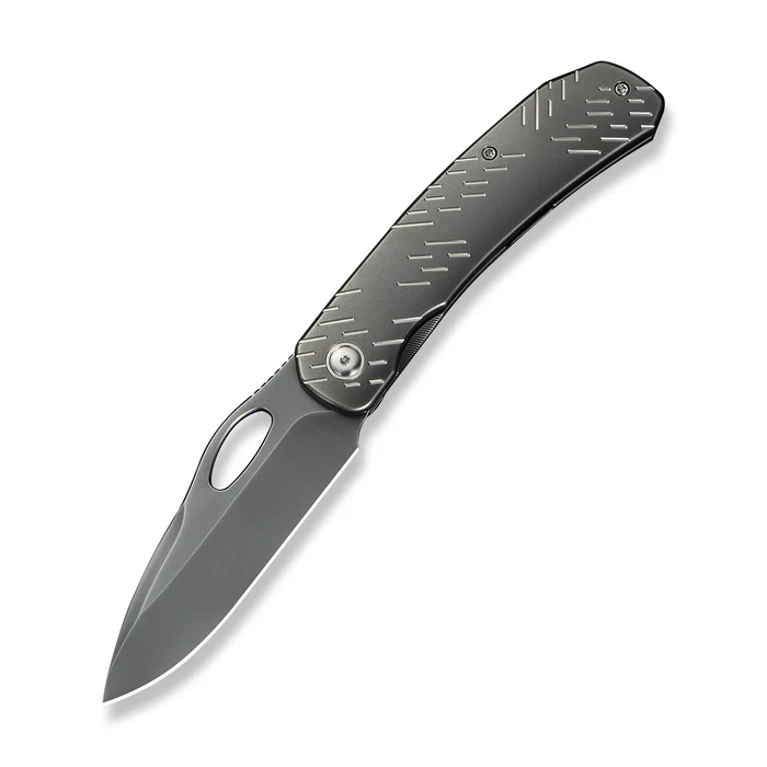We Knife WEKNIFE Inmate Front Flipper & Thumb Hole Knife Polished Gray Titanium Handle With Satin Raindrops (3.7"" Polished Gray CPM 20CV Blade)