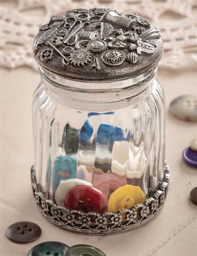 Vintage Pewter Glass Button Jar 33427