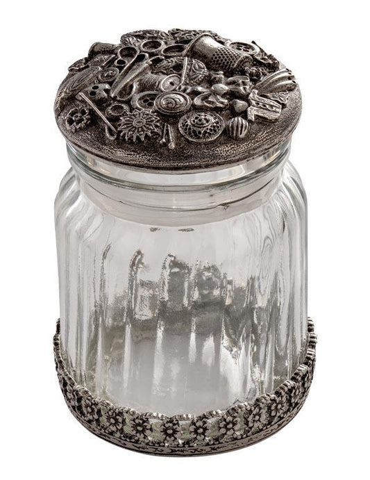 Vintage Pewter Glass Button Jar 33427
