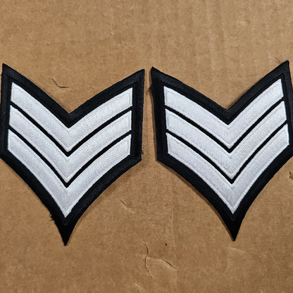 PATCH: SERGEANT CHEVRONS, 3 3/4 X 3, WHITE ON BLACK 223 SGT
