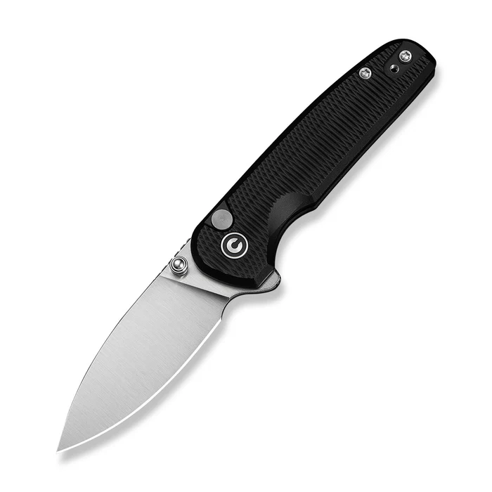 CIVIVI Knives Mini Shakan Flipper & Thumb Stud & Button Lock Knife Ripple Patterned Black Aluminum Handle (2.48"" Satin Finished Nitro-V Blade)