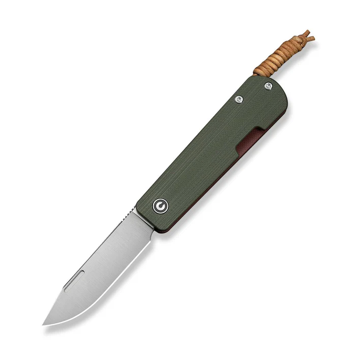CIVIVI Knives CIVIVI Slippy Sendy Slip Joint Knife Milled Green & Red G10 Handle (2.81"" Satin Finished Nitro-V Blade) C24075B-1, With Brown Leather Lanyard Attached