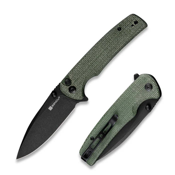 SENCUT Sachse Flipper/Thumb Stud Folding Knife 3.47"" Black 9Cr18MoV Drop Point Plain Edge Blade, Green Micarta Handle