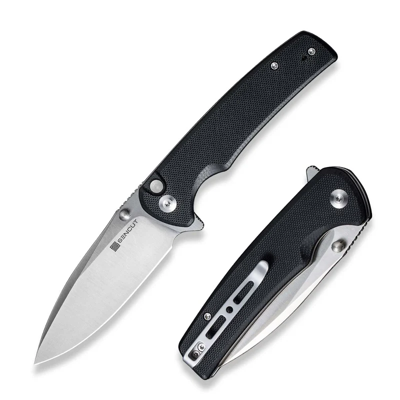 SENCUT Sachse Flipper/Thumb Stud Folding Knife 3.47"" Satin 9Cr18MoV Drop Point Plain Edge Blade, Black G10 Handle