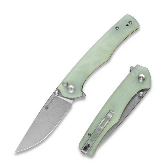 SENCUT Crowley Flipper/Thumb Stud Folding Knife 3.48"" Satin D2 Drop Point Plain Edge Blade, Natural G10 Handle
