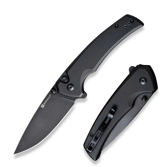 SENCUT Serene Flipper/Thumb Stud Folding Knife 3.48"" Black D2 Drop Point Plain Edge Blade, Black Aluminum Handle