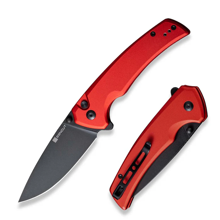 SENCUT Serene Flipper/Thumb Stud Folding Knife 3.48"" Black D2 Drop Point Plain Edge Blade, Black Aluminum Handle