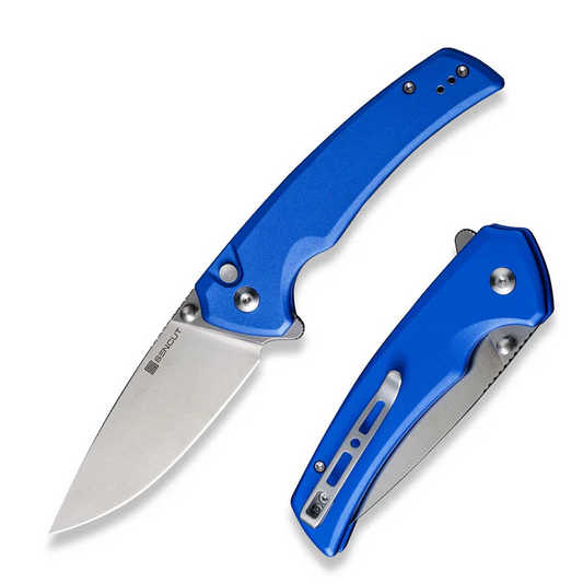 SENCUT Serene Flipper/Thumb Stud Folding Knife 3.48"" Satin D2 Drop Point Plain Edge Blade, Bright Blue Aluminum Handle
