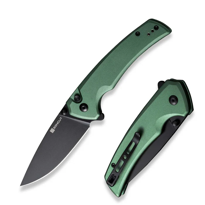 SENCUT Serene Flipper/Thumb Stud Folding Knife 3.48"" Black D2 Drop Point Plain Edge Blade, Green Aluminum Handle