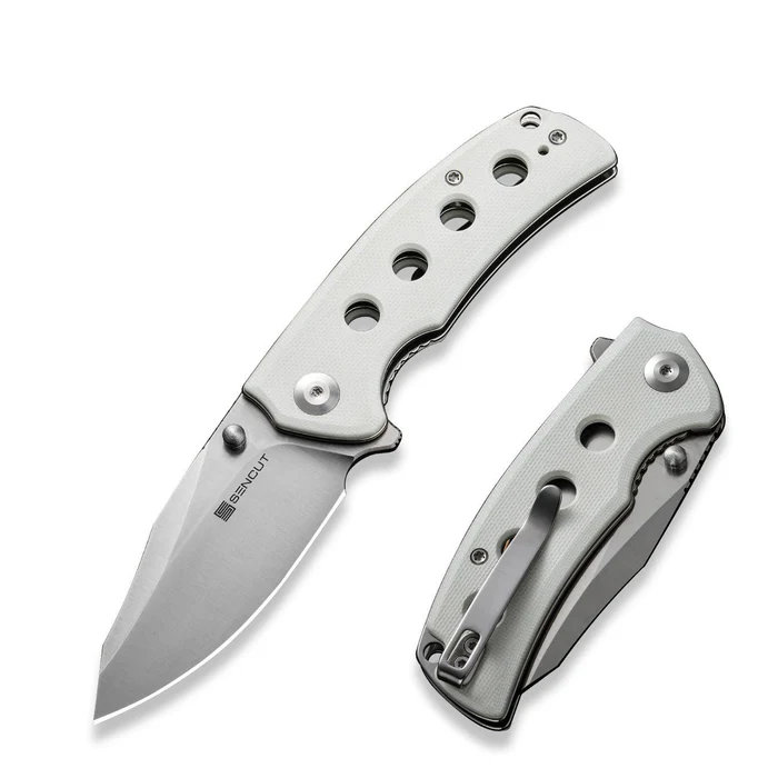 SENCUT Excalis Flipper/Thumb Stud Folding Knife 2.97"" Satin 9Cr18MoV Reverse Tanto Plain Edge Blade, White G10 Handle