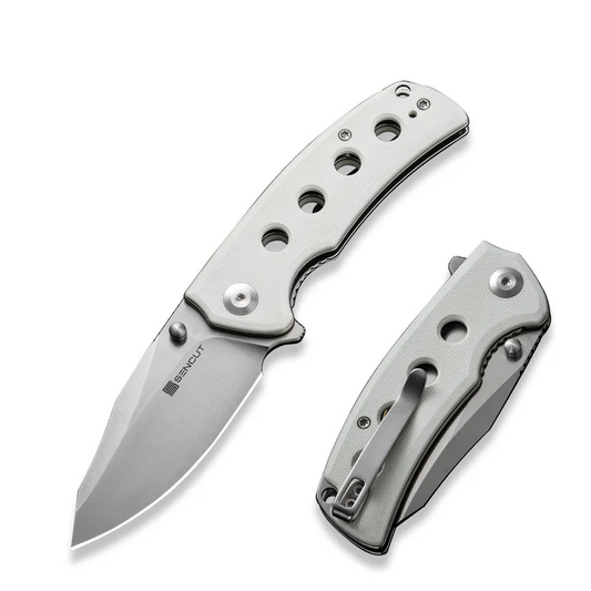 SENCUT Excalis Flipper/Thumb Stud Folding Knife 2.97"" Satin 9Cr18MoV Reverse Tanto Plain Edge Blade, White G10 Handle