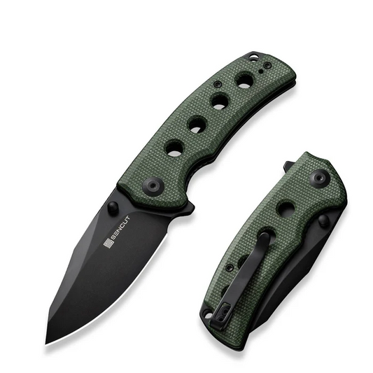 SENCUT Excalis Flipper/Thumb Stud Folding Knife 2.97"" Black 9Cr18MoV Reverse Tanto Plain Edge Blade, Green Canvas Micarta Handle