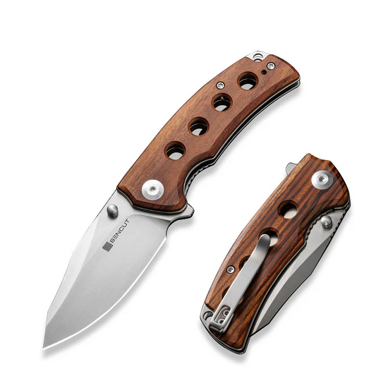 SENCUT Excalis Flipper/Thumb Stud Folding Knife 2.97"" Satin 9Cr18MoV Reverse Tanto Plain Edge Blade, Guibourtia Wood Handle