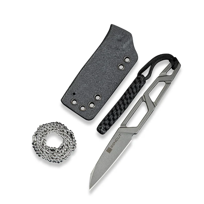 SENCUT TEXO Fixed Blade Neck Knife 1.97"" Stonewash 9Cr18MoV Reverse Tanto Plain Edge Blade, Skeletonized Handle & Kydex Sheath
