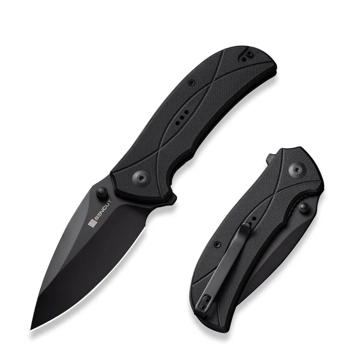 SENCUT Hyrax Flipper/Thumb Stud Folding Knife 3.30"" Black 9Cr18MoV Leaf Shaped Plain Edge Blade, Black G10 Handle