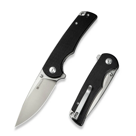 SENCUT Praktisk Flipper/Thumb Stud Folding Knife 3.59"" Satin 9Cr18MoV Drop Point Plain Edge Blade, Black G10 Handle