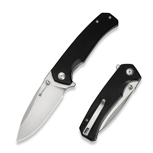 SENCUT Skarnax Flipper/Thumb Stud Folding Knife 3.79"" Satin 9Cr18MoV Drop Point Plain Edge Blade, Black G10 Handle