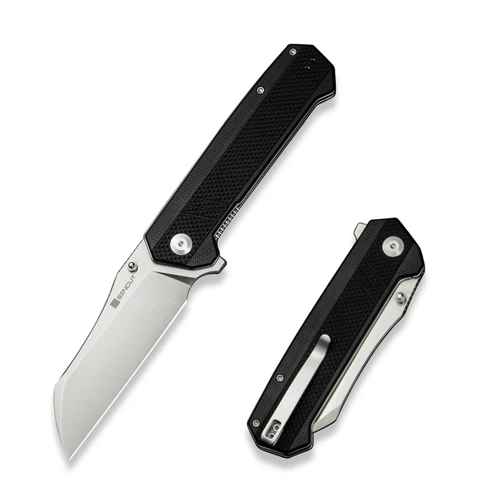 SENCUT Draxor Flipper/Thumb Stud Folding Knife 3.70"" Satin 9Cr18MoV Sheepsfoot Plain Edge Blade, Black G10 Handle