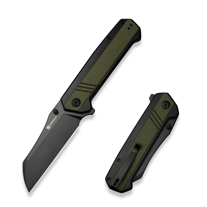 SENCUT Draxor Flipper/Thumb Stud Folding Knife 3.70"" Black 9Cr18MoV Sheepsfoot Plain Edge Blade, Green/Black G10 Handle