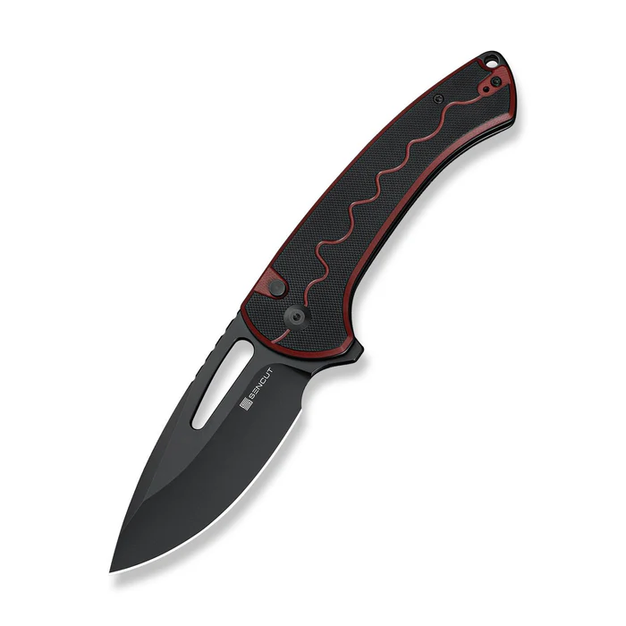 SENCUT Squiggy Flipper & Thumb Hole & Button Lock Knife Burgundy / Black G10 Handle