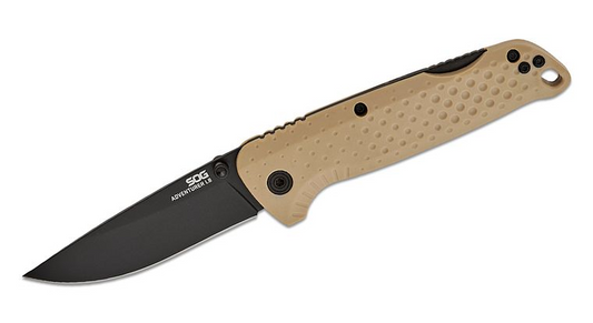 SOG Adventurer LB Lockback Folding Knife 3"" Black PVD Drop Point Blade, FDE Flat Dark Earth GRN Handles