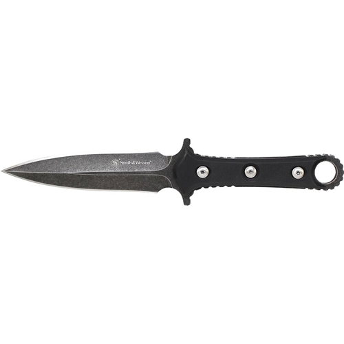 Smith & Wesson Fixed Blade, Stone Washed 8Cr13MoV Spear Point Blade, Black G10 Handle, Leather Sheath. No Ship CA, NY, MA.