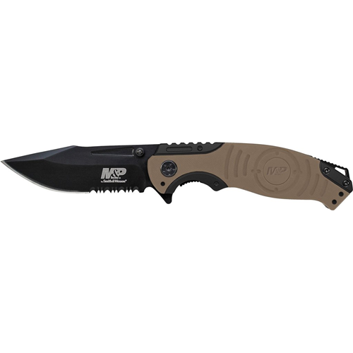 Smith & Wesson Liner Lock, 8Cr13MoV Drop Point Blade, Thumb Knobs, Index Flipper, Gold/Black Handle