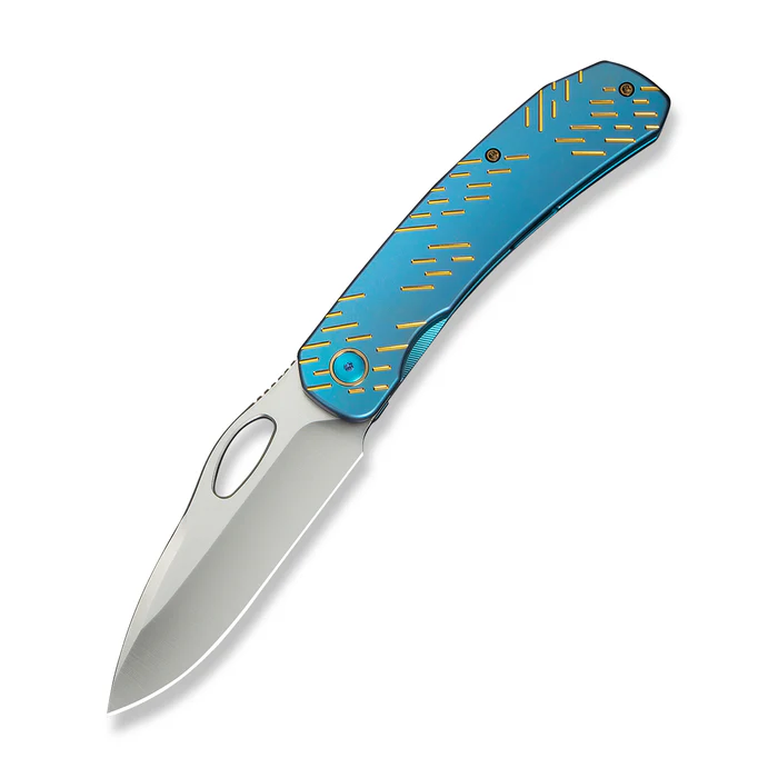 We Knife WEKNIFE Inmate Front Flipper & Thumb Hole Knife Blue Titanium Handle With Golden Raindrops (3.7"" Satin Finished CPM 20CV Blade)