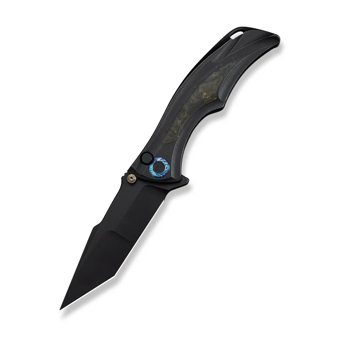 We Knife Tighe Down Flipper & Thumb Stud & Button Lock Knife Black Titanium Integral Handle With Black & Yellow Carbon Fiber Inlay (4"" Black Stonewashed Bohler M390 Blade, Tanto)