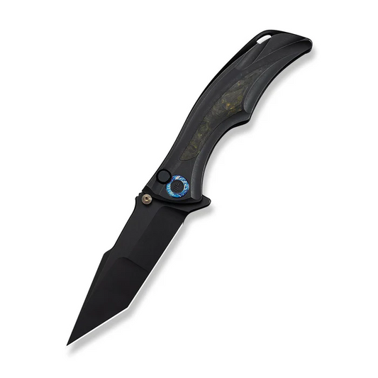 We Knife Tighe Down Flipper & Thumb Stud & Button Lock Knife Black Titanium Integral Handle With Black & Yellow Carbon Fiber Inlay (4"" Black Stonewashed Bohler M390 Blade, Tanto)