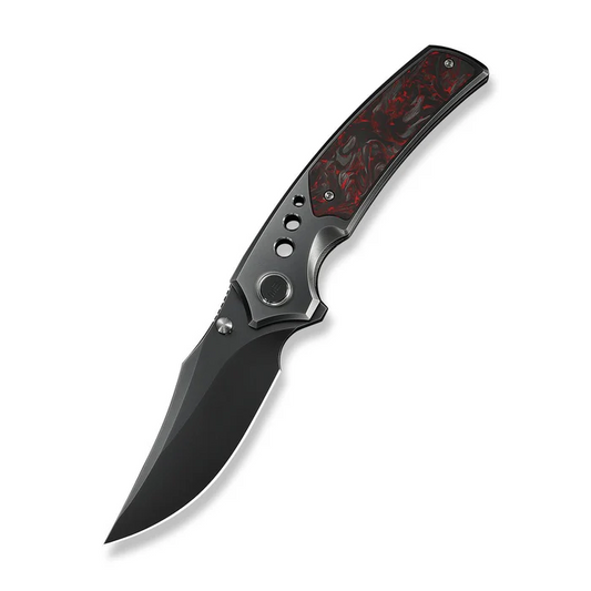 We Knife Skynix Flipper & Thumb Stud Knife Polished Gray Titanium Handle With Black & Red Carbon Fiber Inlay