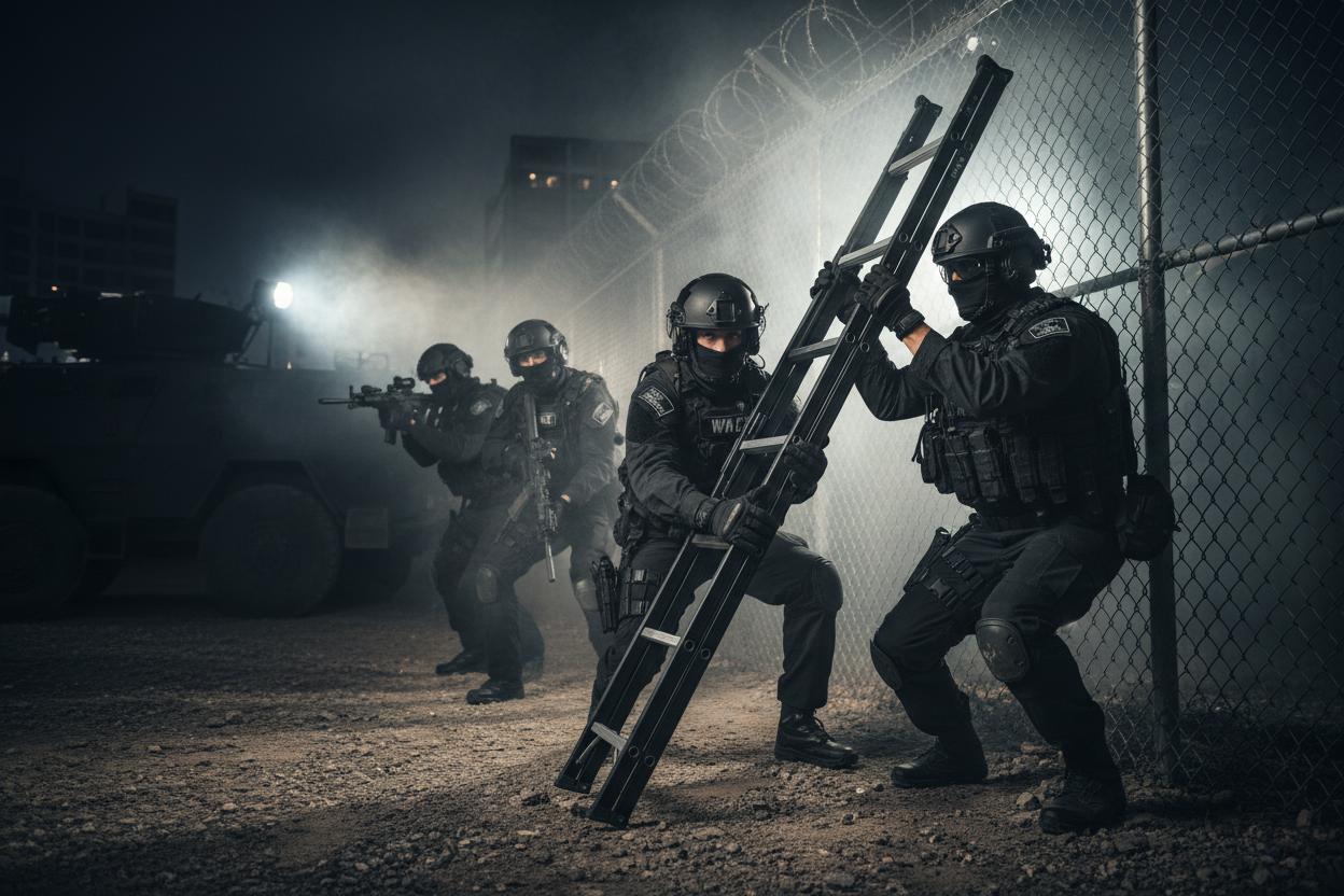 A tactical scene with first responders dressed in black swat gear... ladder in hand about to scale a fence. 