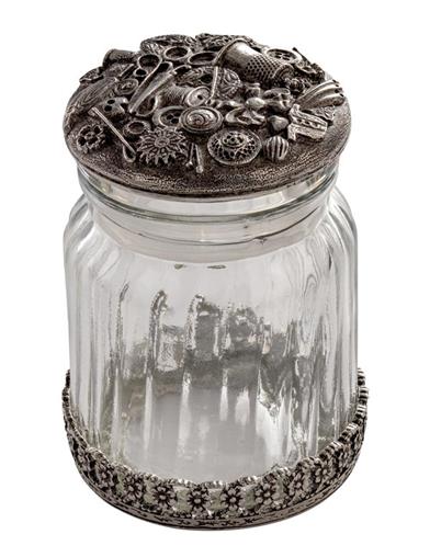Vintage Pewter Glass Button Jar 33427