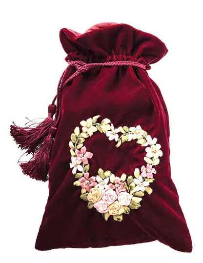 Ribbon Embroidered Slippers In Velvet Pouch 33901