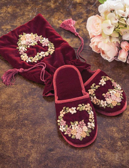 Ribbon Embroidered Slippers In Velvet Pouch 33901